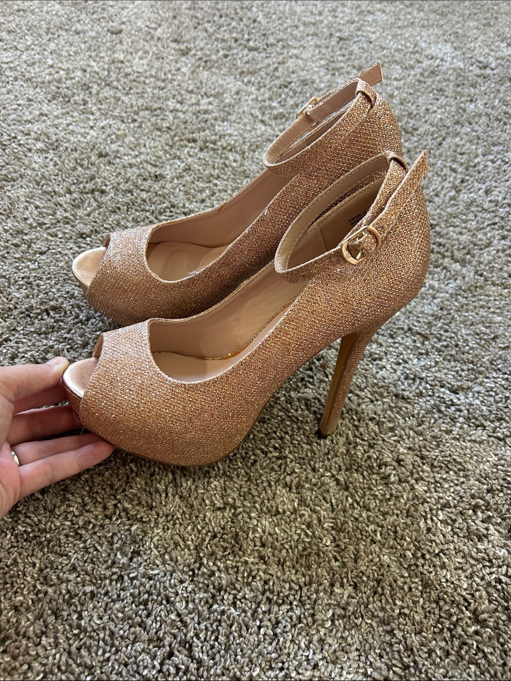 Sparkling Rose Gold Peep-Toe High Heel Pumps with Ankle Strap